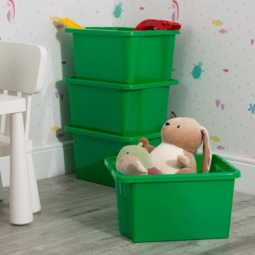 Wham Stack & Store, Pack 4 30L Green Plastic Storage Organisation Boxes, Integrated Handles, Strong, Stackable/Nestable, Home, Office, Classroom, Playroom, Toys, L45.5 x W35 x H25cm