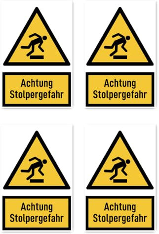 Aufkleber: 150x100 mm, 4 Stück - Achtung Stolpergefahr - Warnzeichen mit Text (deutsch) (gelb/schwarz) - hochkant - W007 - DIN EN ISO 7010 / ASR A1.3