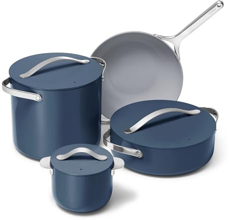 Caraway Cookware+ Collection – Spezial-Kochgeschirr-Set – Petite Cooker, Bratpfanne, Rondeau & Suppentopf – 3 Deckel und Aufbewahrungs-Organizer im Lieferumfang enthalten – Marineblau