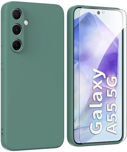 ARRYNN Custodia per Samsung Galaxy A55 5G (6.6) Cover + Pellicola Protettiva Vetro Temperato,Liquid Silicone TPU Case Cover per Samsung Galaxy A55 5G - Verde Scuro