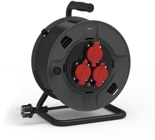 SIMON - Enrollacables Profesional, Alargador Enchufe 40 Metros, 3 Tomas con Asa de Bobinado, Protección Sobretensiones, Interiores y Exteriores (IP55), Enchufe Extensible, Color Negro y Rojo