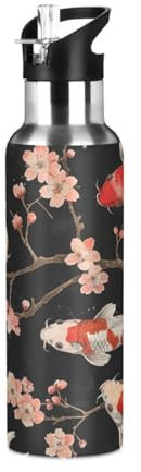 Niigeu Poisson Koi Cerise Japonais Bouteille d'eau Isotherme avec Paille en Acier Inoxydable Gourde, Sans BPA Gourdes Eau pour Enfant Sport Randonnée École Bureau (600ml/1L)