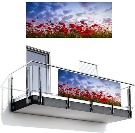MuchoWow© Balkon Sichtschutz Einseitig 130x300 cm Groß PVC Kunststoff Garten Windschutz ohne Bohren Wetterfest Sichtschutzzaun Terrasse Balkonverkleidung Deko Panorama - farbenfroh - Mohnblumenfeld
