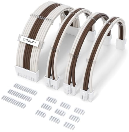 Sirlyr Extension de câble d'alimentation pour PC, 1 câble d'alimentation PC pré-plié, 1 ATX 24 broches/1 x 8 (4 + 4) broches EPS/plus long, 2 x 8 (6 + 2) broches dorées, gaine en nylon marron beige, 4