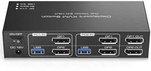 TJCXELE 8K60Hz/4K120Hz Displayport KVM Switch 2 Monitors 2 Computers USB3.0 KVM Switch Dual Monitor Share Dual Monitors and 4 USB Devices Supports Extend & Copy Mode with Wired Controller