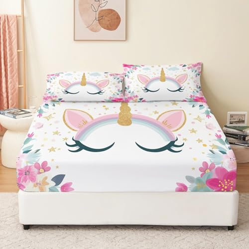 Glitzer-Einhorn Spannbetttuch 140 x 200 cm Set für Kinder Jungen Mädchen Teens Spannbettlaken Spannbetttuch Microfaser Mehrfarbig für bis 30 cm Matraze