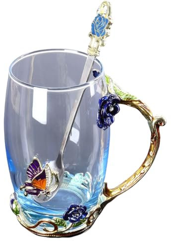 LJYING Handmade Enamel Butterfly & Rose Flower Glass Coffee Mugs Tea Cup with Spoon 350ml Birthday Gifts for Friends Women Wife Mum Teacher Sister (Blue Tall)