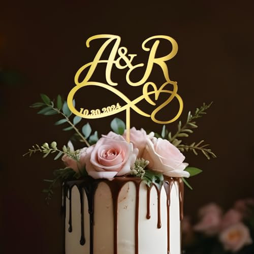 Party to Be Hochzeit Cake Topper Personalisiert Braut und Bräutigam Tortenstecker mit Namen Initialen Hochzeitstorte Deko Herz Infinity Hochzeit Dekoration in Acryl