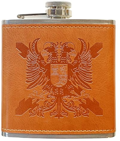 Petaca de Acero Inoxidable 304 /Forrada en Piel(Marrón) Alcohol Personalizada para Hombres, Petaca 6oz/177ml, Camping, Senderismo, Bar, Fiesta, Barbacoa y Bodas (Cruz de Bolgoña con Águila Bicéfala)