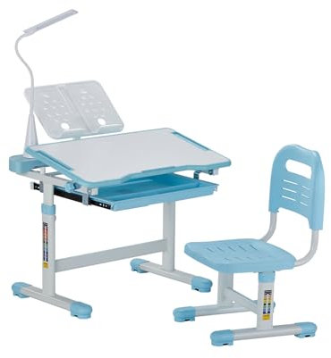 VEVOR Schreibtisch Set Kinderschreibtisch Arbeitstisch und Stuhl höhenverstellbar (53-71 cm) belastbar (100 kg) mit Tischlampe & 0–40° geneigten Schreibtischplatte für Schlafzimmer Blau