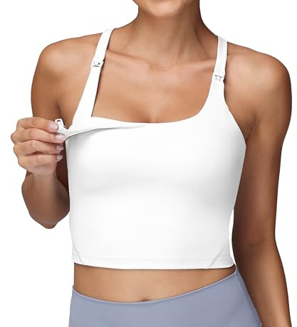 Foucome Nursing Tank Tops for Breastfeeding Racerback Longline Maternity Sports Bra Workout Crop Top (White, M)