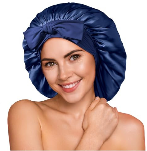 Umisleep 100% 22 Momme Cuffia Seta di Gelso per Dormire, Cuffia da Notte in Seta a Doppio Strato per Capelli Ricci, Traspirante, con Cinturino Largo Regolabile per Il Fissaggio alla Testa, Blu Scuro