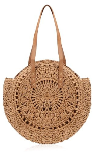 Risipu Round Straw Bags for Women - Handwoven Beach Bag with Leather Handles, Boho Crossbody Purse for Summer, Travel, Shopping & Holidays (Brown)