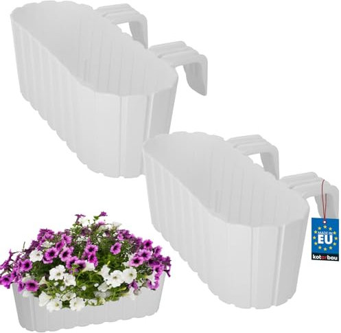 KOTARBAU® Set di 2 vasi da fiori, 40 x 15 x 15 cm, colore bianco, in PVC, per balconi con supporto, per esterni, ringhiere per balconi e balconi