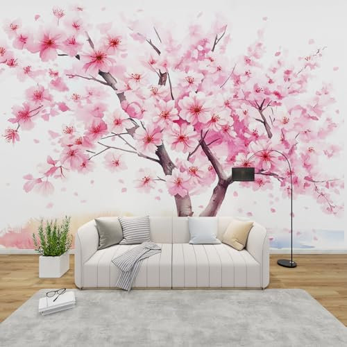 GEDAEUBA Papier Peint Panoramique Fleur de Cerisier Japonais, Papier Peint Intissé Motif Fleurs Rose, Tapisserie Panoramique Salon, Décoration Murale Chambre, 350x256 cm