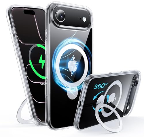 FNDMIL 360°Drehbarer Magnetisch für iPhone Air Hülle mit MagSafe | [Rutschfester Textur][Unsichtbarer Ständer][Militär Schutz] Transparente Hartschale mit Silikon für iPhone 17 Air Case,Klar