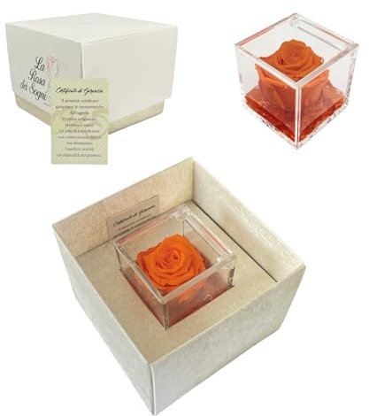 Tesori Nascosti Rosa Stabilizzata Arancione Profumata in Cubo Trasparente - Confezione Regalo Elegante con Certificato - Durata 5-7 anni - Made in Italy - 5x5 cm - Rosa con Petali in gel