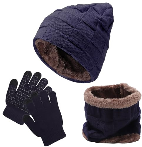 Fjquamitix Kindermütze, Schal, Handschuhe, Winter-Strick, Fleece, gefüttert, Beanie, Halswärmer, Touchscreen-Handschuhe für Mädchen und Jungen, 3-teilig
