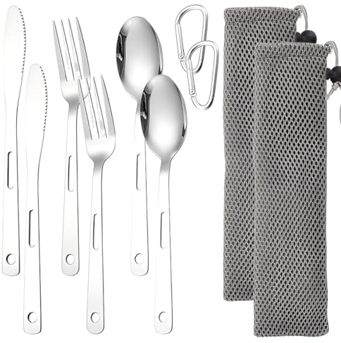 KIRZAX 2 Stück Reisebesteck, Campingbesteck, Edelstahl Camping Besteckset,Tragbare Outdoor Besteck mit karabiner,Löffel Gabel Messer Kombi und tasche,Wiederverwendbare Reisebesteck Besteckset