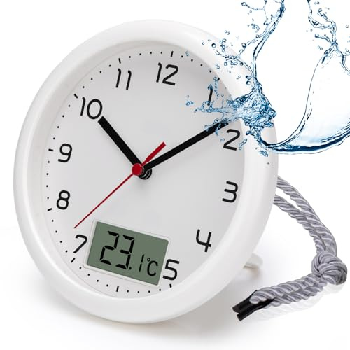 VIVILINEN Badezimmeruhr mit Temperaturanzeige Wanduhr ohne Tickgeräusche | Baduhr Zum Aufhängen Und Hinstellen mit Hängeband & Standfuß Feuchtigkeitsgeschützt 17cm