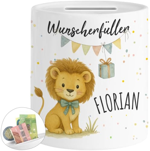 Tassenliebling® Wunscherfüller Spardose Löwe personalisiert mit Name - Spardose Kinder mit Tiermotiv - Kinderspardose Mädchen Jungen - Sparschwein, Sparbüchse Geburtstag, Weihnachten, Geburt