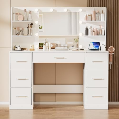 JUMMICO Große Schminktisch mit Verstellbaren LED-Beleuchtung und Steckdosen, Schminktisch mit Spiegel und 7 Schubladen, Fashionabler Frisiertisch Mit 10 LED Beleuchtung Schlafzimmer