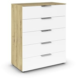Rauch Möbel Flipp, Kommode, Farbe Weiß/Eiche Artisan, Breite 80 cm | Sideboard, 5 Schubladen, Soft-Close-Funktion, für Schlafzimmer, Gästezimmer, Wohnzimmer, Garderobe, Flur