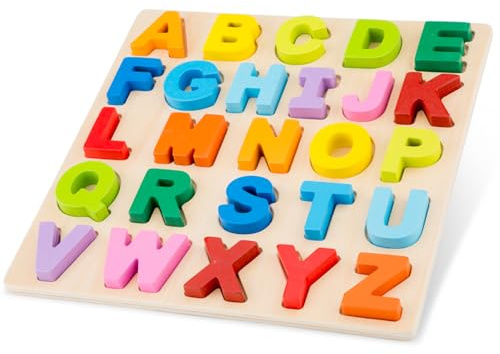 Woet Alphabetpuzzle aus Holz, Großbuchstaben A–Z, 26 Teile | ABC-Puzzle, Buchstaben erkennen, große Holzteile, Farben zuordnen, frühes Lernspielzeug, Feinmotorik, ab 3 Jahren