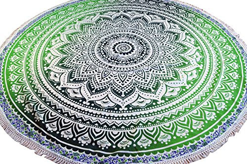 GURU SHOP Rundes Indisches Mandala Tuch, Boho Tagesdecke, Picknickdecke, Stranddecke, Runde Tischdecke - Grün, Baumwolle, 180x180x0 cm