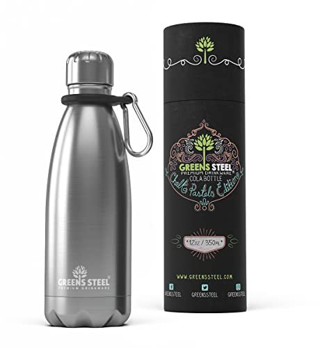 Greens Steel Stainless Steel Water Bottle - 350ml, Silver | Double Wall Vacuum Insulated Flask | Carier Holder & Gift Box Included | Reusable, Leak Proof Sports Bottle for Adults & Kids