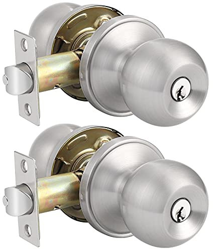 Probrico 2 Pack Entry Door Knob with Key Stainless Steel Exterior Door Knobs Round Security Front Door Lock Set Satin Nickel