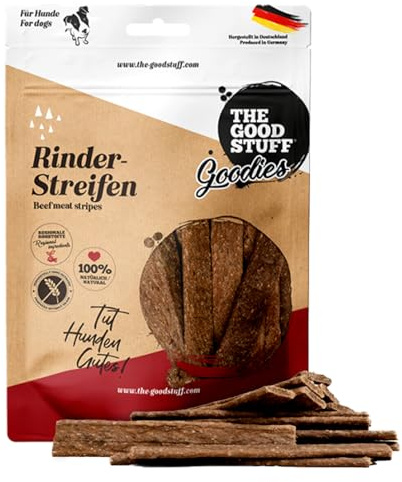 The GOODSTUFF Rinder-Streifen 150 g | Rindfleisch Hundeleckerlies getreidefrei & luftgetrocknet | Hundesnack in Streifenform | Trockenfleisch für Hunde | Kaustangen Hund | Super-Premium Hundefutter