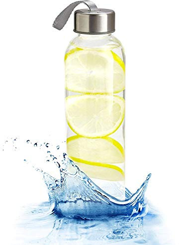 Lux Kitchen Bouteille d'eau en verre de 532 ml avec manchon de protection en nylon, couvercles hermétiques à vis, boucles de transport portables – Sans plomb, PVC et BPA – Verres à eau, smoothie,