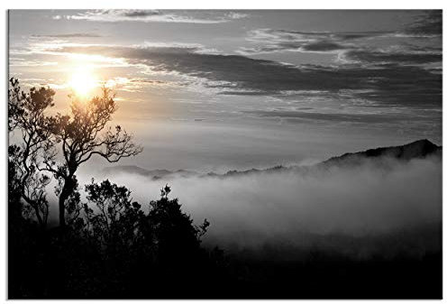 decomonkey - Impression sur Toile noir et blanc Paysage 120x80 1 Pièce - Tableau Décoration Appartement Déco Salon Nuages arbres paysage brouillard ciel lever du soleil style d'affiche