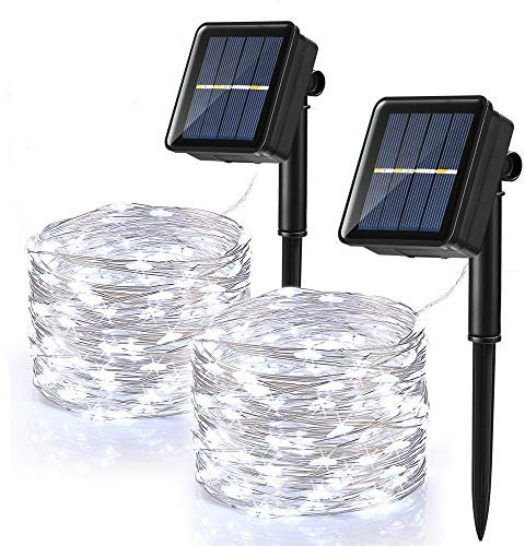 BrizLabs Guirnalda Luces Exterior Solar, 2 Pack 12M 120 LED Cadena de Luces Solare Blanco Frío Impermeable 8 Modos Alambre de Cobre Guirnaldas Luminosas Decoración para Navidad Jardín Patio Fiesta