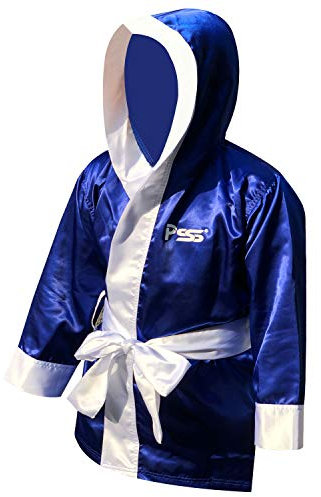 Langärmeliger Boxmantel, Uniform, Kickboxen, gemischte Kampfkunst, Muay Thai Trainingsmantel mit Kapuze und weißem Gürtel für Kinder, 3 Farben (schwarz, blau, rot) 910 (910 blau, 11–12 Jahre)