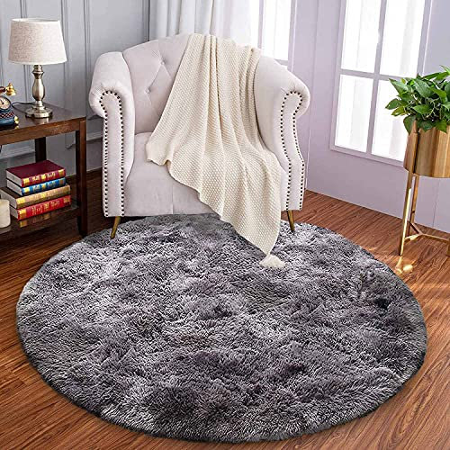 Calore Teppiche Runde Schlafzimmer Teppiche Wohnzimmer Teppich Flauschig Waschbar Indoor Bodenmatte für Spielzimmer und Kinderzimmer (Grau Schwarz, 140 cm)