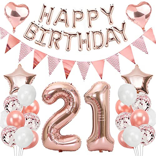Ouceanwin Geburtstagsdeko 21 Jahre Frau, Rosegold Luftballon 21. Geburtstag Deko Set, Folienballon Zahl 21, Helium Ballon Happy Birthday Girlande für 21. Geburtstag Frauen Party Deko
