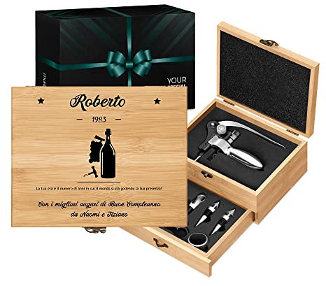 Maverton Accessori da vino La Dedica - Kit da Sommelier Personalizzato - Scatola in legno di bambù + 8 pezzi di Accessori Vino - regalo uomo - Età