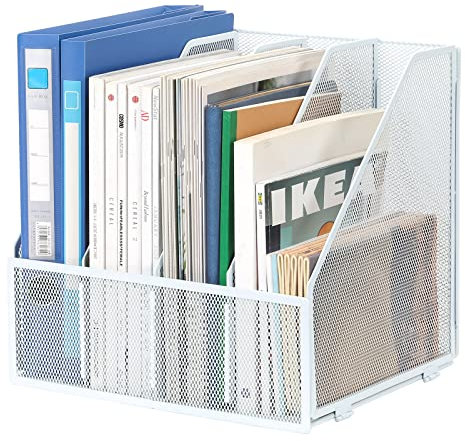 EasyPAG Desktop Metal A4 Magazine File Holder Mesh Desk Tidy Office Literature Document Ring Binder Paper Organiser Filing Rack,4 Compartments,White