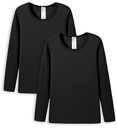 LAPASA Damen Innenfleece Thermo Unterhemd, warmes langärmliges Thermo-Shirt Thermounterwäsche Oberteil, Schwarz (2 Pack), M