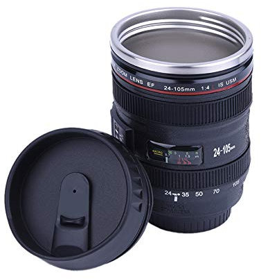 Tnfeeon Taza de Café con Lente de Cámara Splend, Tazas de Lente, Vaso de Acero Inoxidable, Taza de Viaje a Prueba de Fugas, Botella de Agua de Té con Tapa Y Cuchara(Five Dynasties-(Negro))