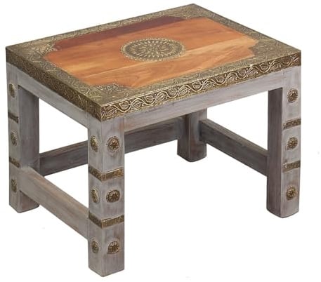 Oriental Galerie Indischer Beistelltisch mit Messing Verzierung Tisch Tischchen Nachttisch Hocker Asien Natur Braun Gold Mittel