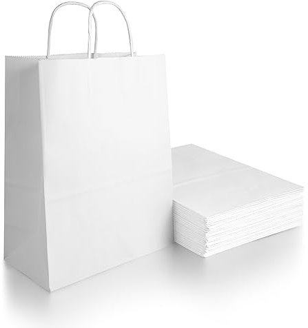 BESCOST Papiertüten, 40 Stück Geschenktüten Weiß, Geschenktüten mit Henkel, 21 x 27 x 11 cm, Papiertüten für Einkaufen, Hochzeiten, Verpackungen, Partys, Geburtstag, Weihnachten, 130 g/m², Weiß