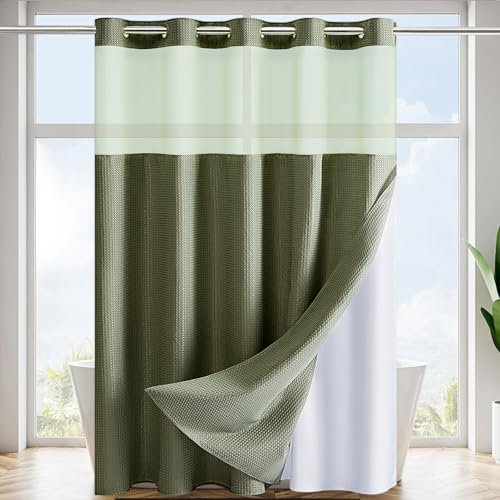 Yuanice Langer Waffelmuster-Duschvorhang, 213 cm lang, mit Stoffstoff, Einrasten und Haken, Hotel-Stil, wasserdicht und waschbar, schweres Gewebe und Netzfenster oben, Salbeigrün, 180 x 213 cm