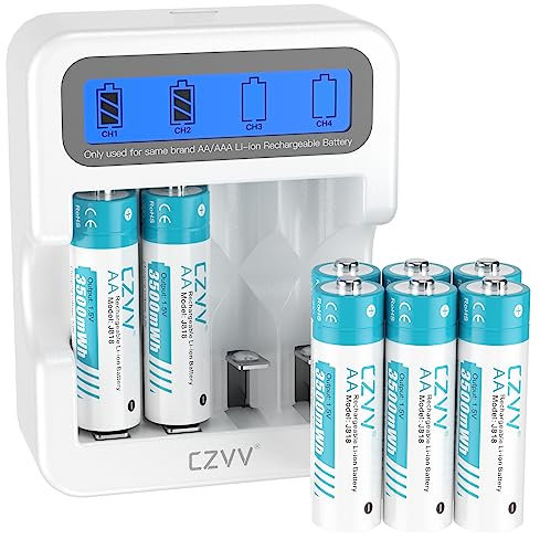 czvv Piles Rechargeables Lithium AAA 1,5V - Haute Capacité 1100mWh 8 Pack avec LCD Chargeur Ultra Rapide 2H, Anti-fuite et Durée de Vie Ultra Longue, 1300 Cycle, Sortie Constante, Faible Auto-décharge