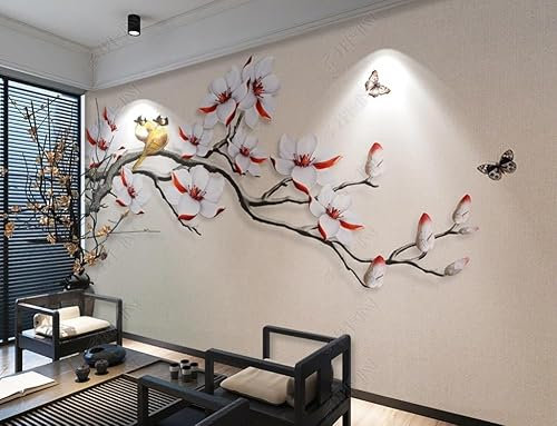 Papier Peint Panoramique 3D Fleur De Magnolia Branche 3D Papier Peint Intissé Trompe L Oeil Déco Mural Tableaux Muraux Photo 300Cm(W)*210Cm(H)