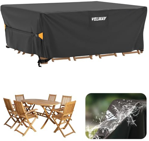 Velway Housse Salon de Jardin Imperméable - Housse Table de Jardin avec Boucles Coupe-Vent Protection pour Tous Les Temps pour Table et Chaise d'extérieur (Noir,200x160x74cm)
