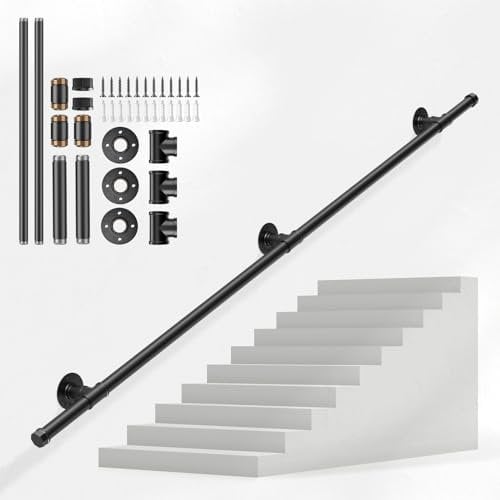 Pasamanos para Escalera, Couleeur Negro Barandilla Escalera Estilo Industrial Profesional, Tubería de Pasamanos y Antideslizante Hierro Forjado para Interiores y Exteriores pared Loft Ancianos(2 M)