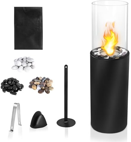 NAIZY Bioethanol Kamin Indoor Outdoor Feuersäule mit Edelstahl Sockel & Gehärtetes Glas & Explosionsgeschützter Stein Stand-Etanol-Kamin Standkamin, Type A